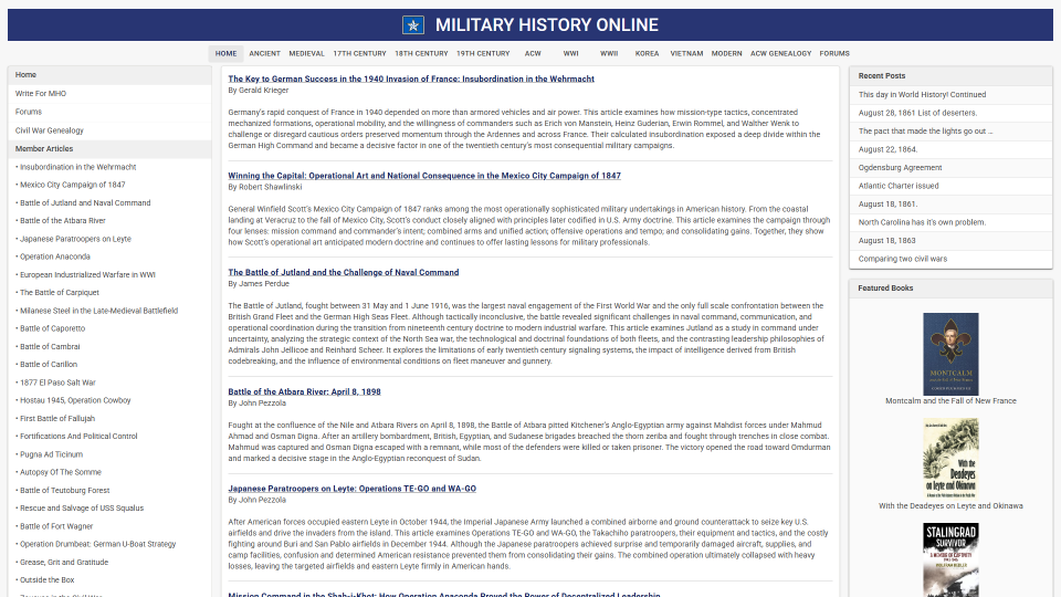 Screenshot of Military History Online - Articles