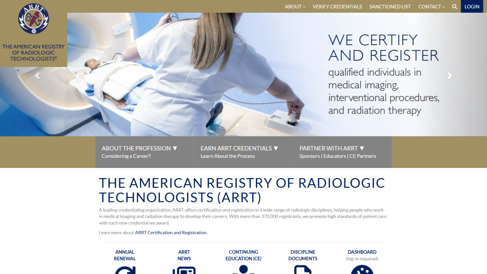 Screenshot of Welcome to the American Registry of Radiologic Technologists (ARRT) website - ARRT.org - ARRT