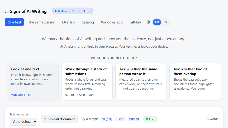 Screenshot of Signs of AI Writing — detect & de-AI-ify your text