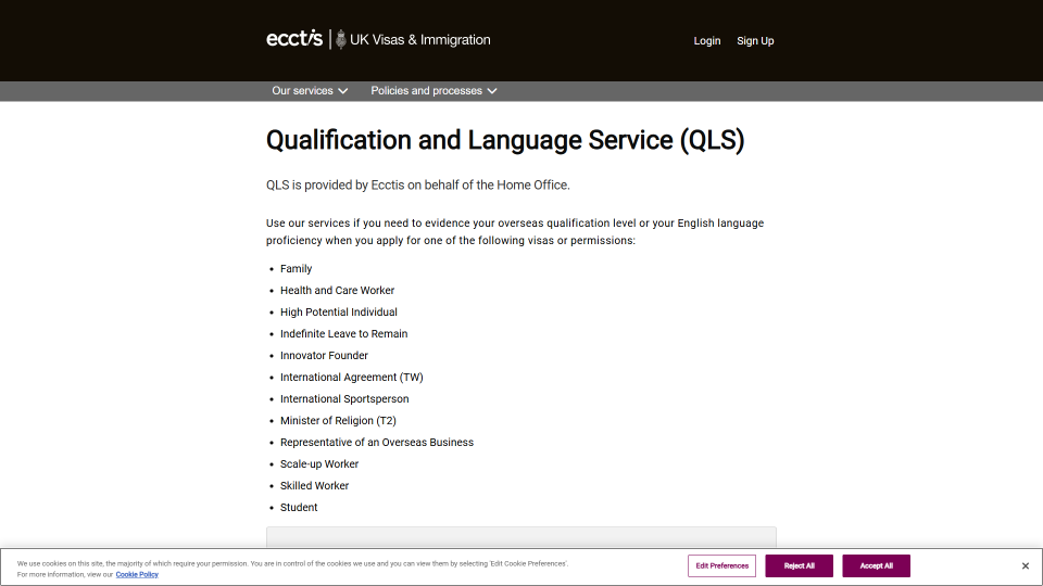 Screenshot of Qualification and Language Service (QLS) | Ecctis